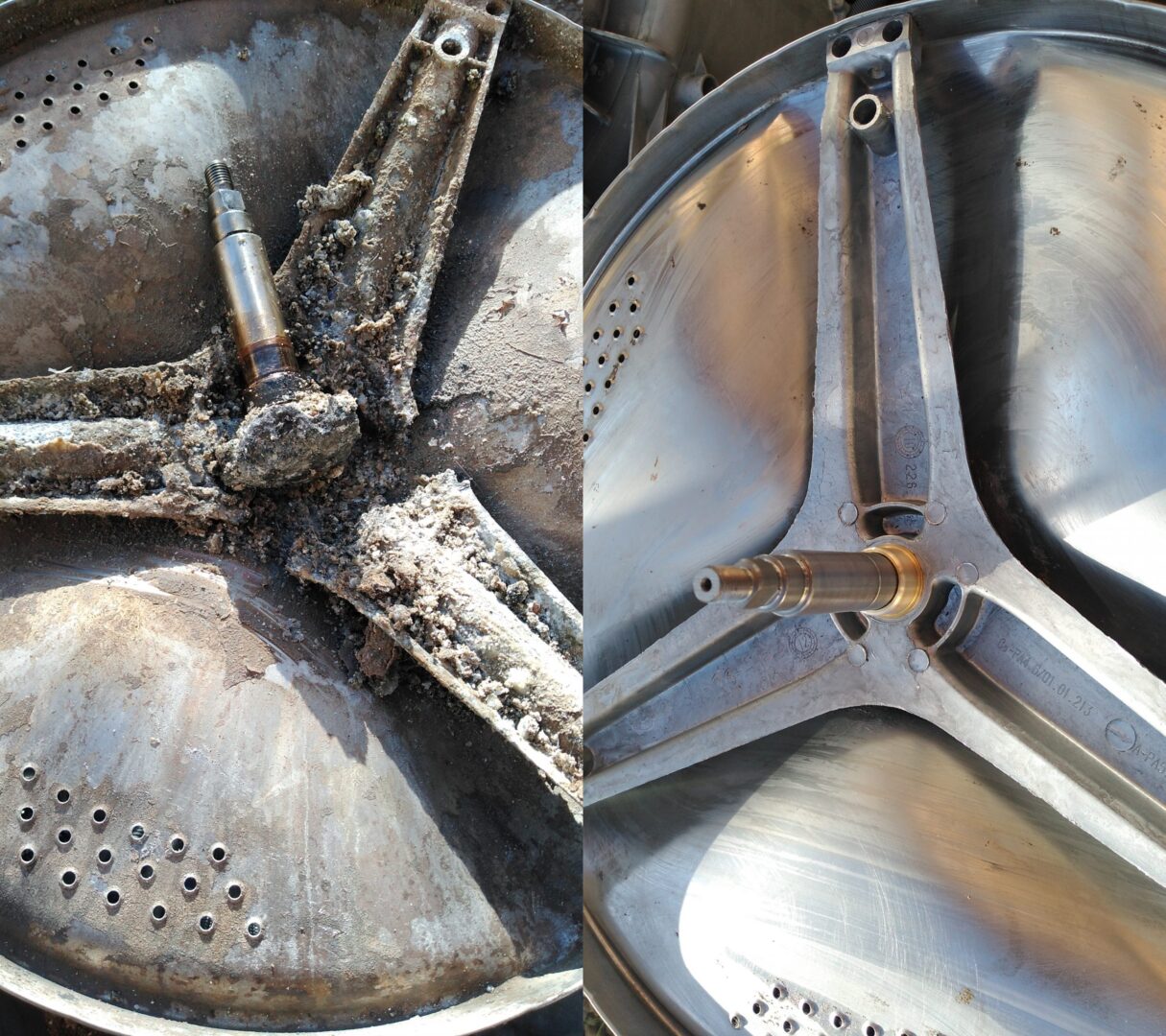 Uszkodzony i nowy krzyżak do pralki - porównanie podczas samodzielnej wymiany krzyżaka w pralce Amica