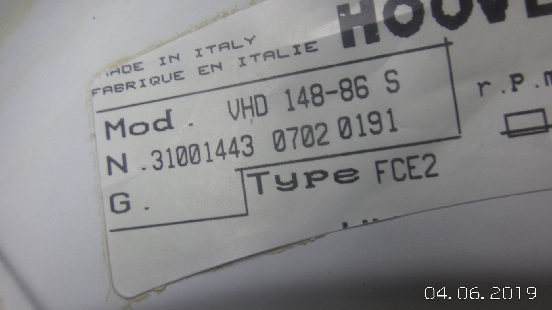 Tabliczka znamionowa pralki Hoover VHD 148-86S