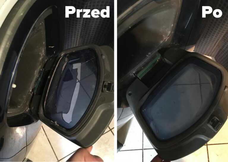 Wymiana pękniętej szyby w pralce Samsung Addwash - widok przed i po naprawie
