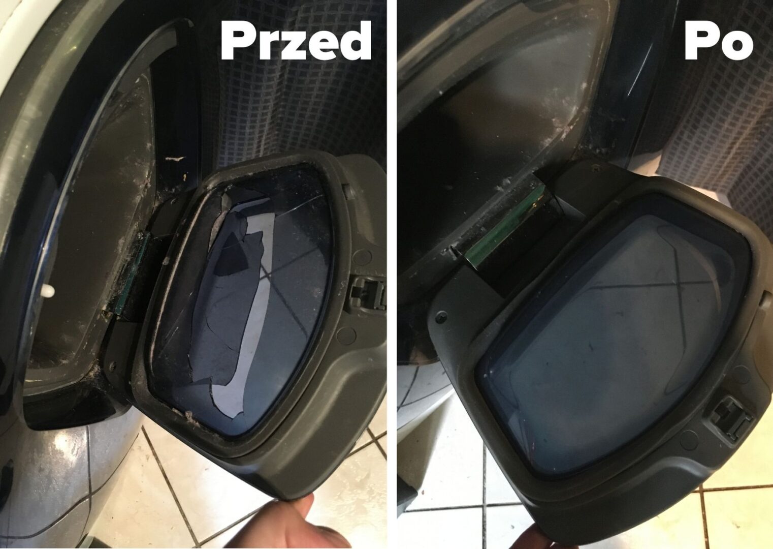 Wymiana pękniętej szyby w pralce Samsung Addwash - widok przed i po naprawie