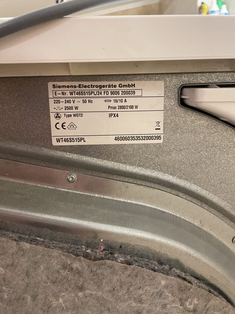 Konserwacja suszarki Siemens WT46S515PL/24 - tabliczka znamionowa