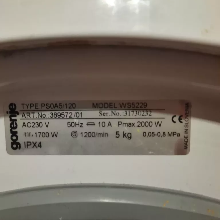 Tabliczka znamionowa pralki Gorenje WS5229 PS0A5/120 1700W 1200obr-min 5kg
