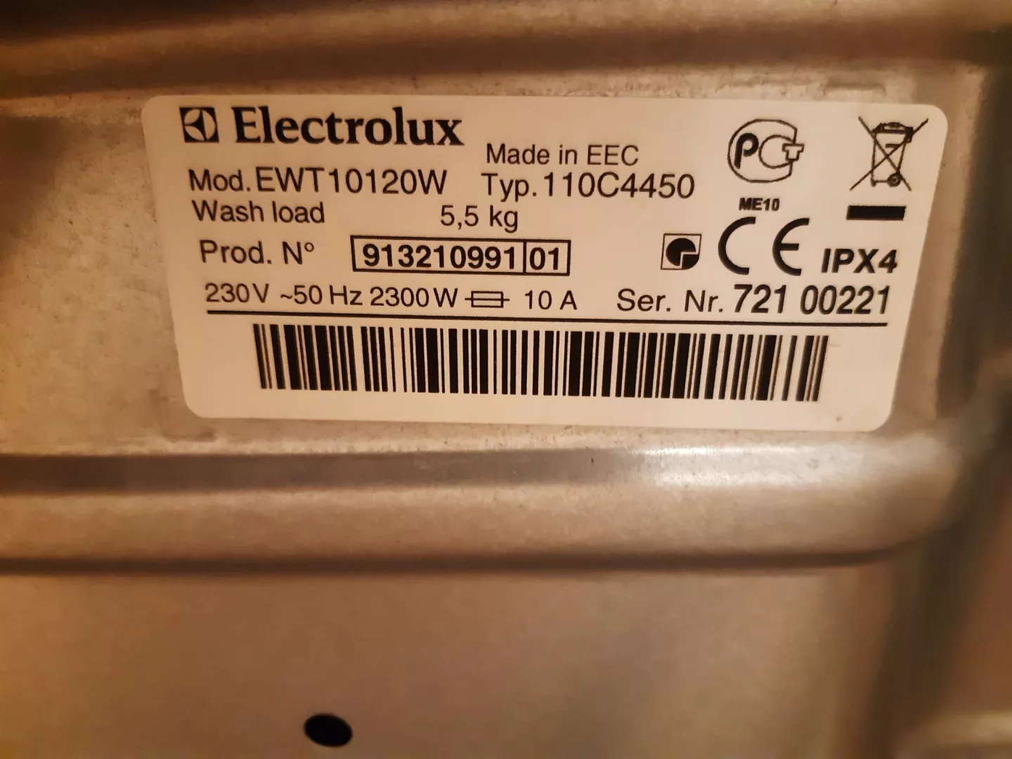 Tabliczka znamionowa pralki Electrolux EWT10120W