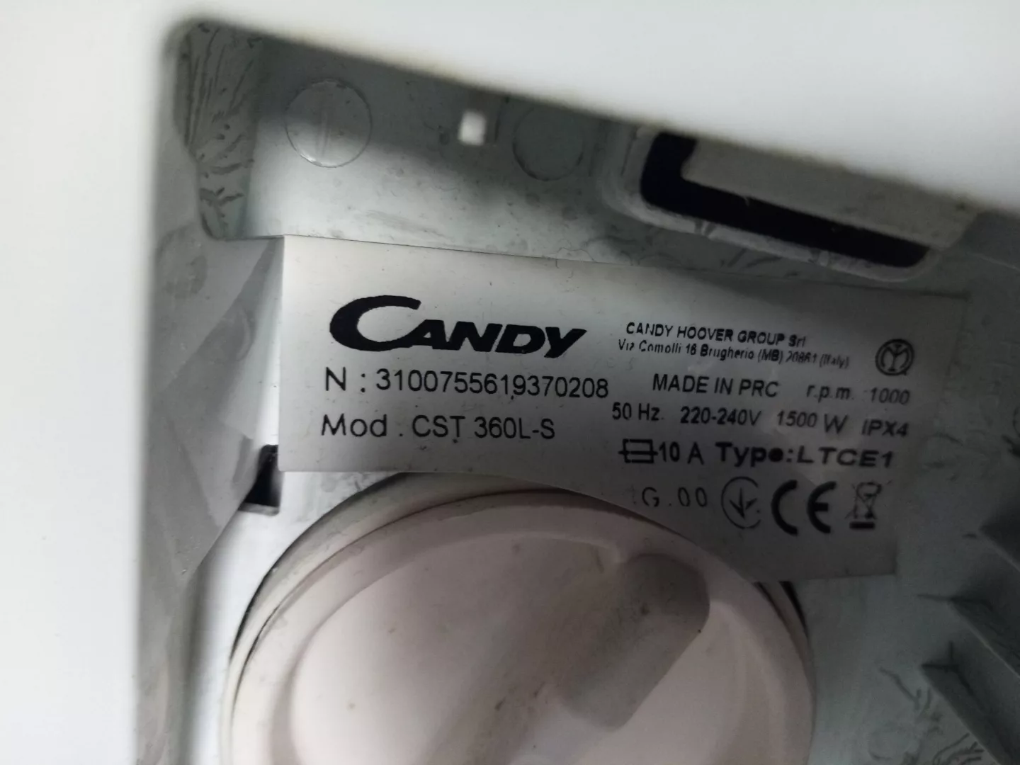 Tabliczka znamionowa w pralce Candy CST 360L