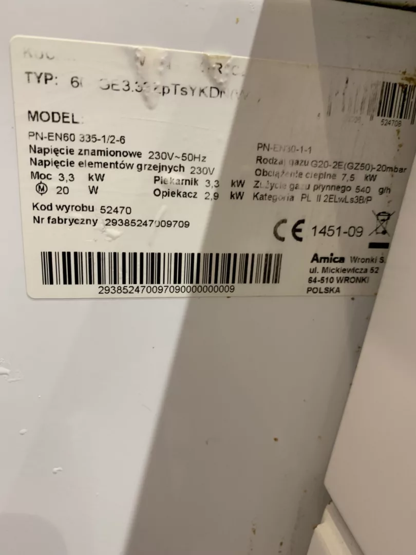Tabliczka znamionowa piekarnika kuchenki gazowo-elektrycznej Amica 608GE3.33ZpTsYN(XL)