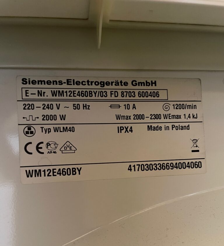 Tabliczka znamionowa pralki Siemens WM12E460BY 03 FD 8703 600406