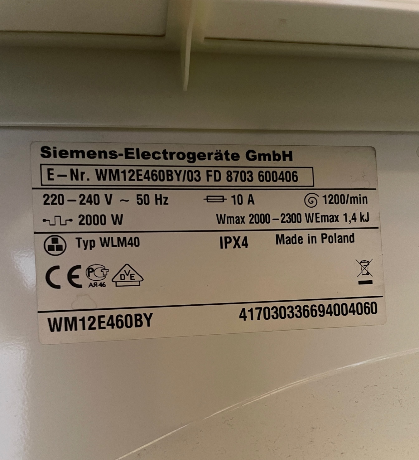 Tabliczka znamionowa pralki Siemens WM12E460BY 03 FD 8703 600406