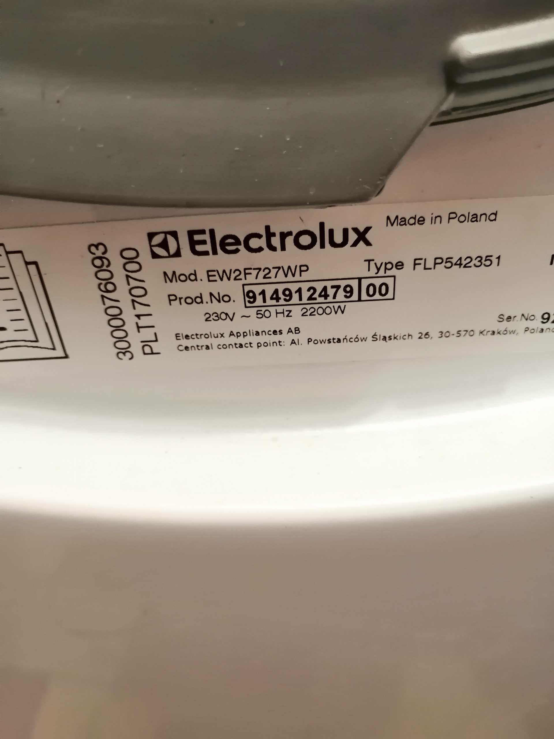 Tabliczka znamionowa pralki Electrolux EW2F727WP