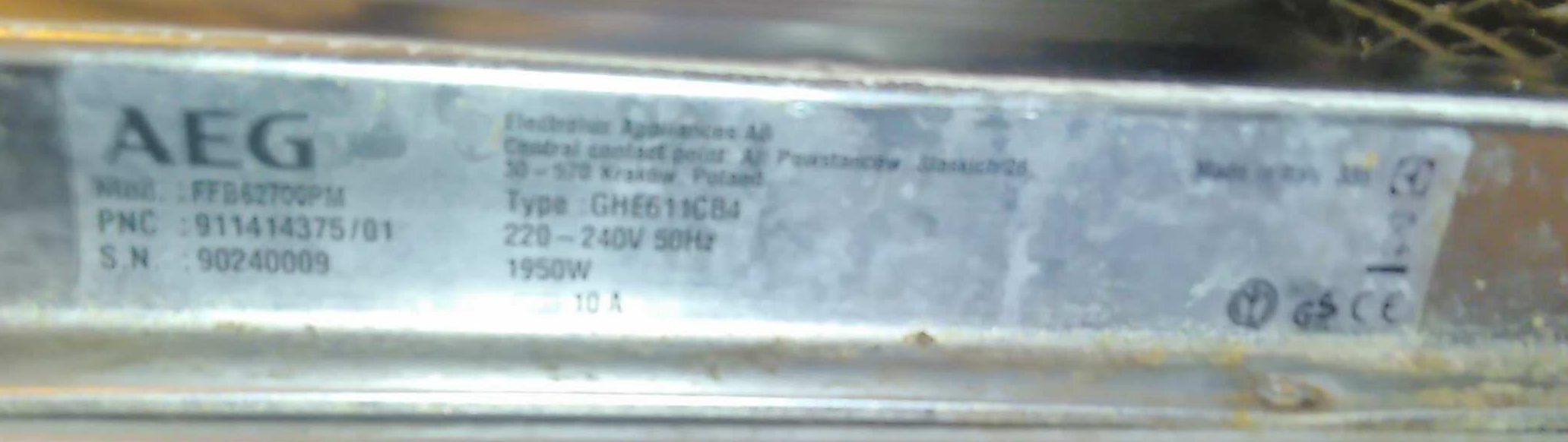 Tabliczka znamionowa zmywarki AEG FFB62700PM typ GHE611CB4 PNC 91141437501