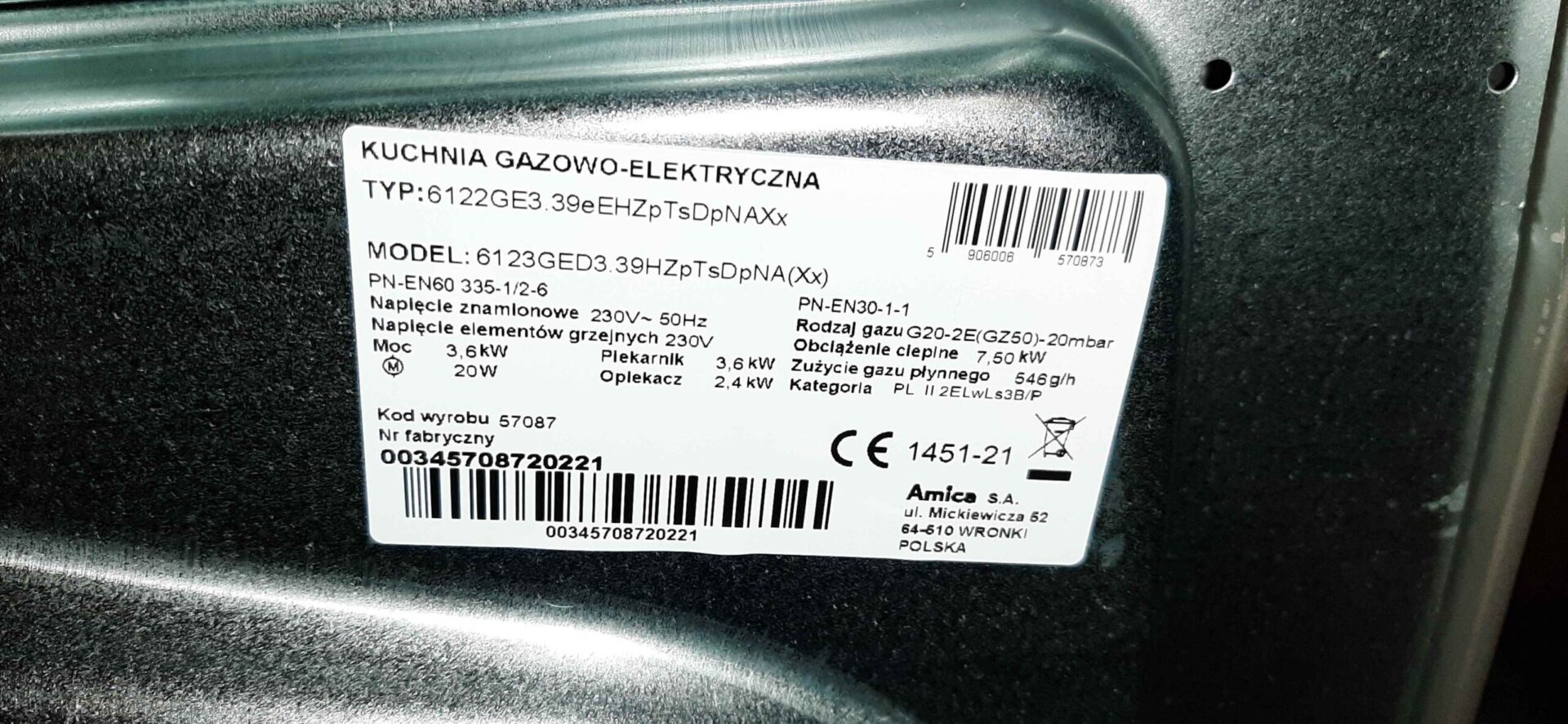 Tabliczka znamionowa kuchenki gazowo-elektrycznej Amica 6123GED3.39HZPTSDPNA(XX)