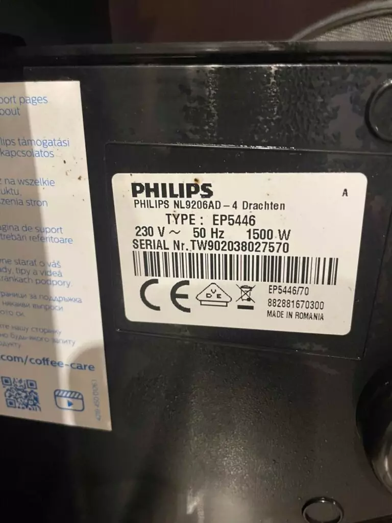 Tabliczka znamionowa ekspresu do kawy Philips EP5446/70