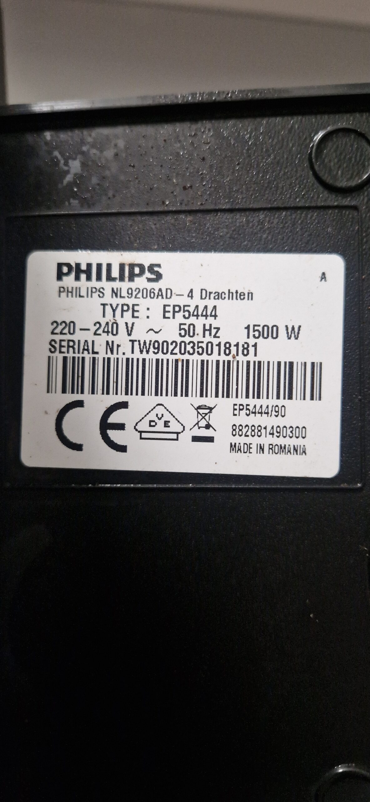 Tabliczka znamionowa ekspresu do kawy Philips Lattego EP5444/90