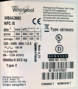 Tabliczka znamionowa lodówki Whirlpool WBA43982 NFC IX 850530111175
