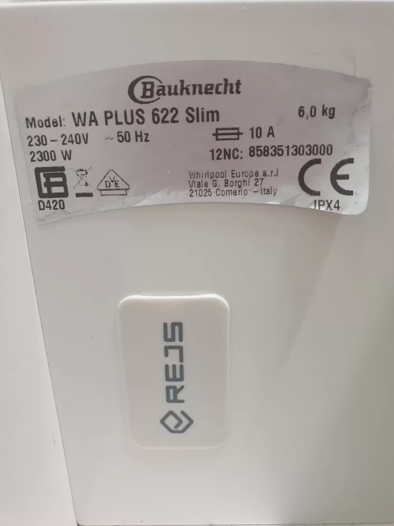 Tabliczka znamionowa pralki Bauknecht WA PLUS 622 SLIM