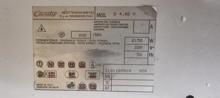 Tabliczka znamionowa pralki Candy D4.82X