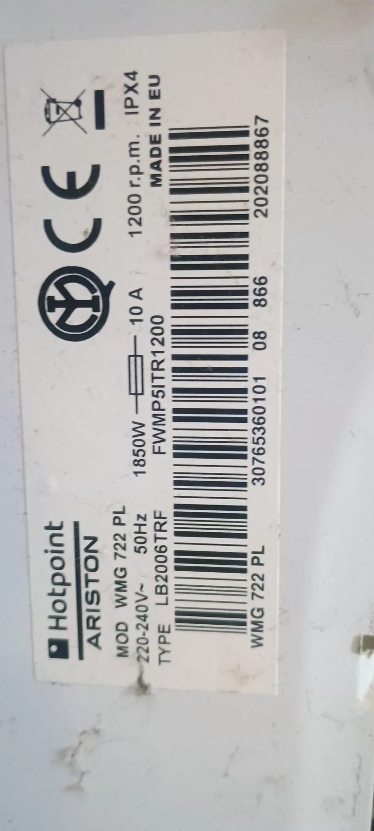 Tabliczka znamionowa pralki Hotpoint Ariston WMG722PL Cod. 30765360101