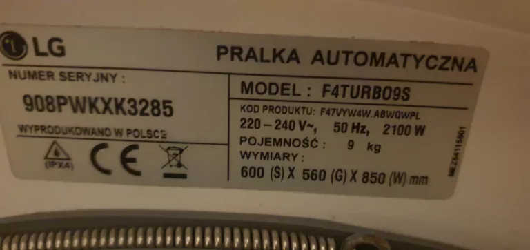 Tabliczka znamionowa pralki LG F4TURBO9S F47VYW4WABWQWPL