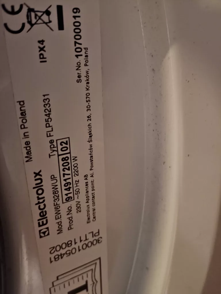 Tabliczka znamionowa pralki Electrolux Pralka EW6F328WUP PNC: 91491720802