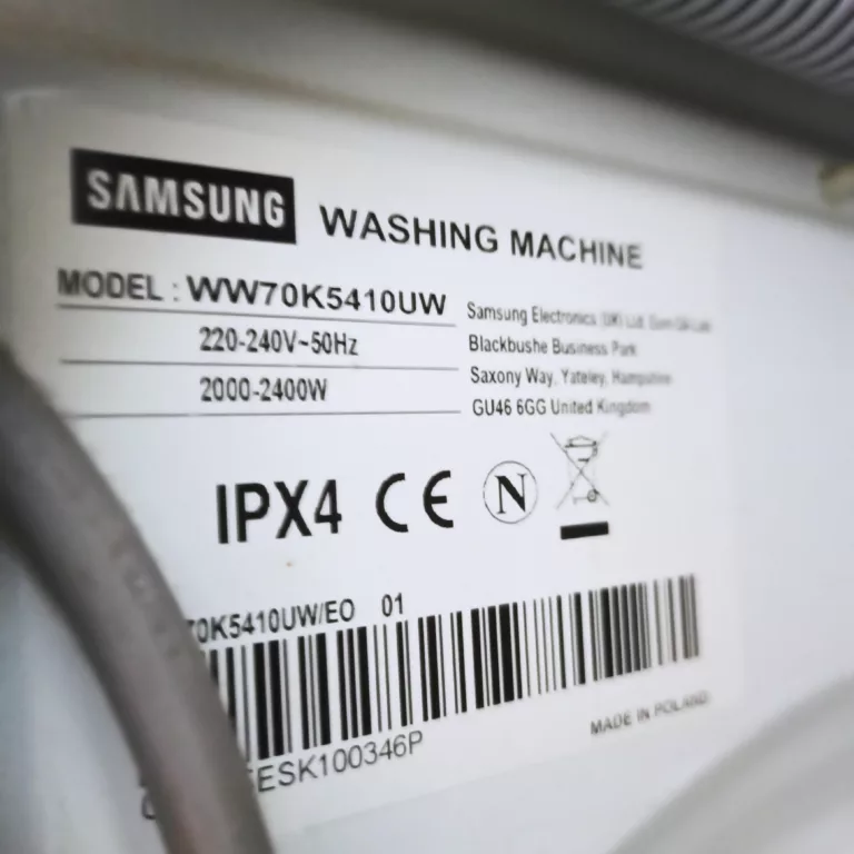 Tabliczka znamionowa pralki Samsung WW70K5410UW/EO