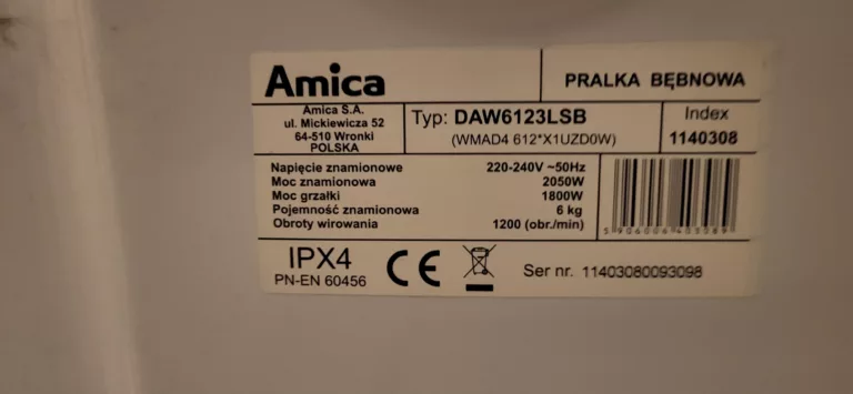 Tabliczka znamionowa pralki Amica DAW 6123 LSB