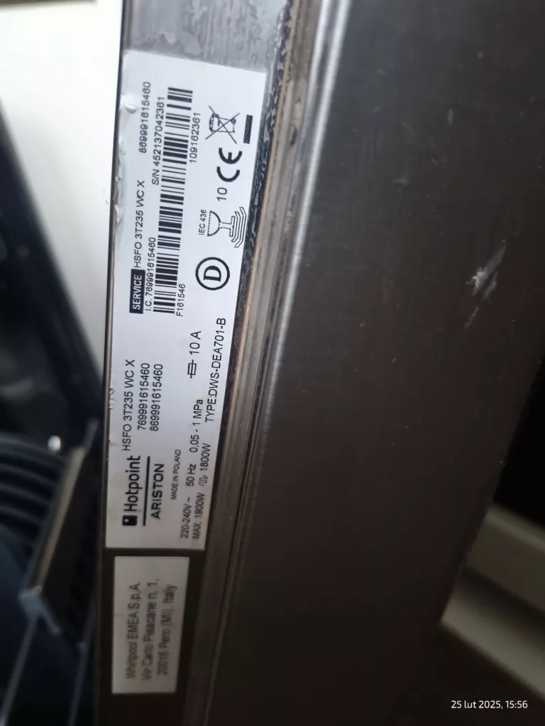 Tabliczka znamionowa zmywarki Hotpoint Ariston HSFO 3T235 WC X Cod 769991615460