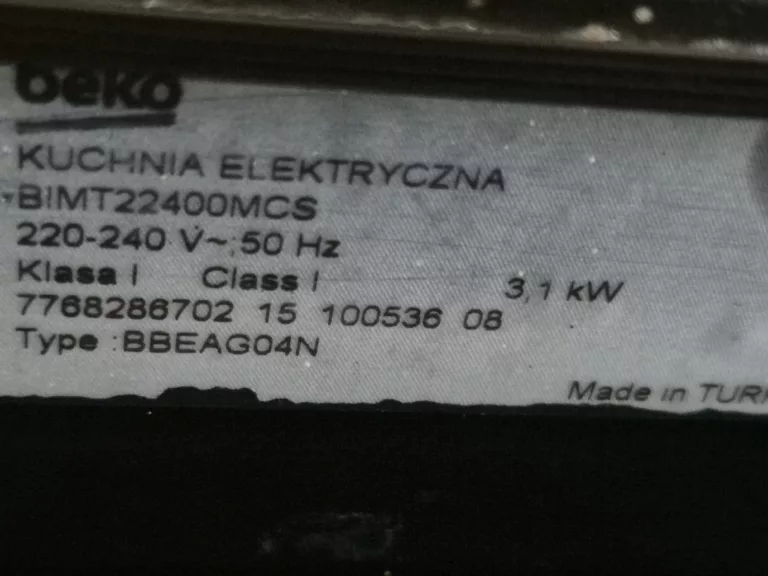 Tabliczka znamionowa piekarnika Beko BIMT 22400 MCS typ BBEAG04N