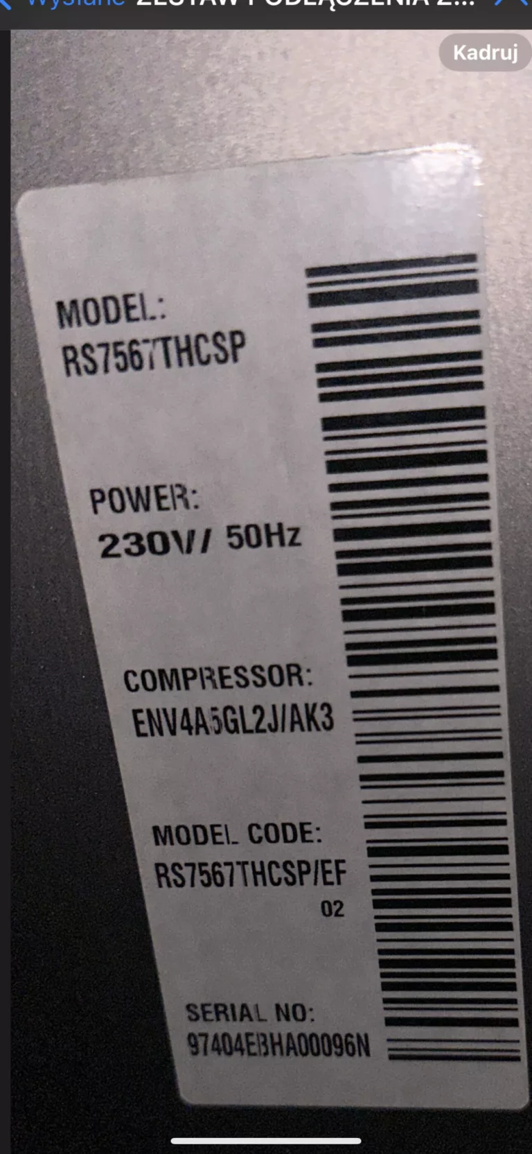 Tabliczka znamionowa w lodówce Samsung RS7567THCSP/EF