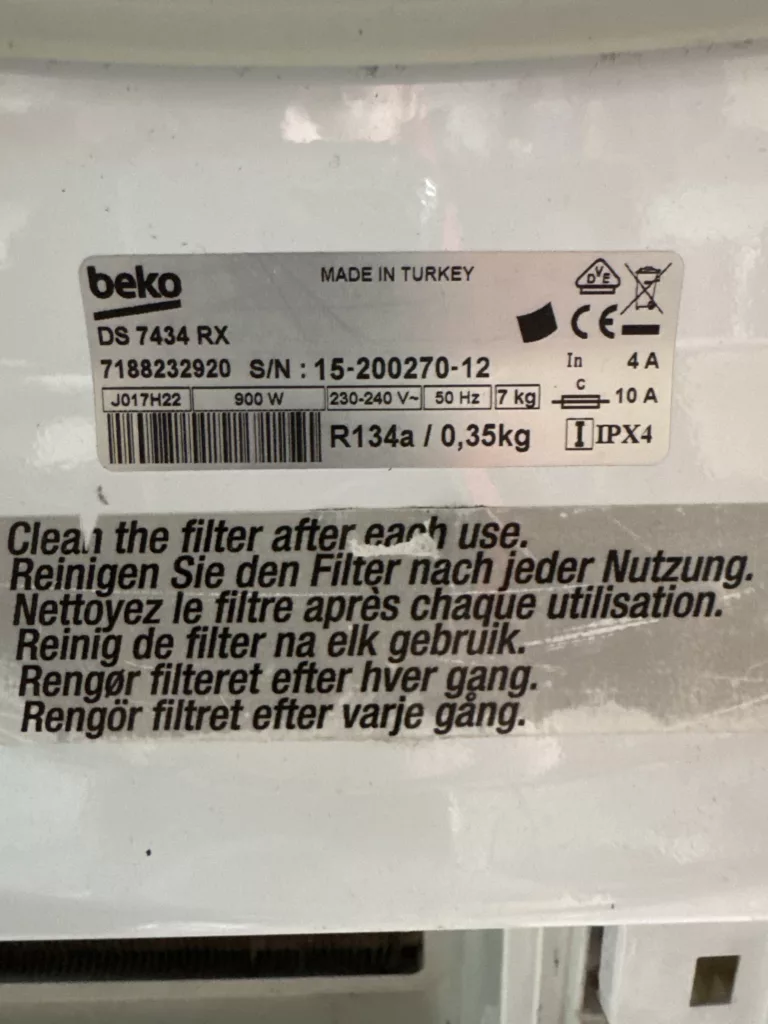 Tabliczka znamionowa w suszarce Beko DS 7434 RX 7188232920