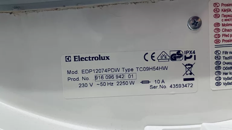 Tabliczka znamionowa suszarki Electrolux EDP12074PDW PNC: 916096942-01