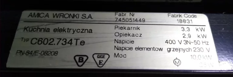 Tabliczka znamionowa kuchenki elektrycznej Amica C602.734TE 18831