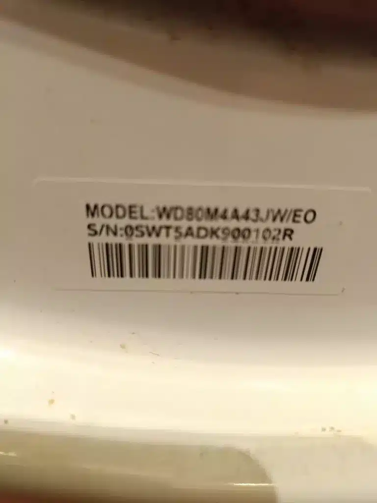 Tabliczka znamionowa pralko-suszarki Samsung WD80M4A43JW/EO