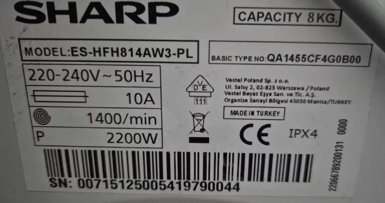 Tabliczka znamionowa pralki Sharp ES-HFH814AW3