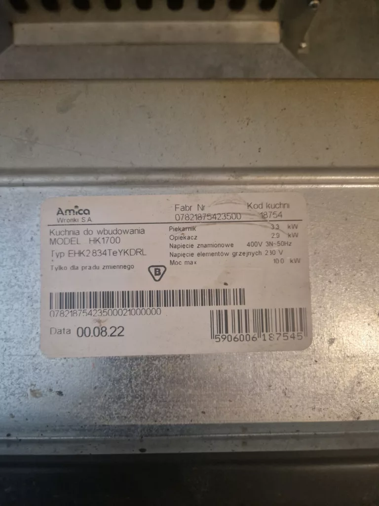 Amica HK 1700 - tabliczka znamionowa